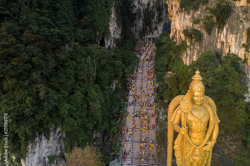 Panoramic aerial view of Batu Caves at sunset on Thaipusam festival evening  Malaysia