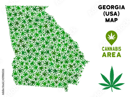 Weed American State Georgia map mosaic of marijuana leaves. Narcotic addiction template. Vector American State Georgia map is designed of green herbal leaves.