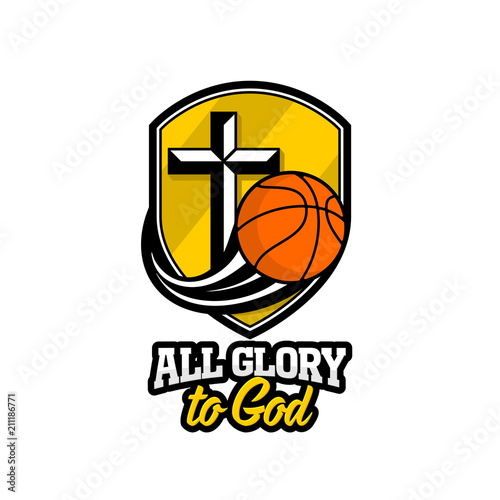 Athletic Christian logo. A golden shield, a cross of Jesus and a flying basketball. Emblem for competition, ministry, conference, camp, seminar, etc.