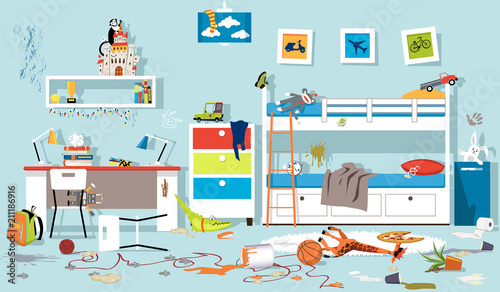 Interior of messy kids bedroom, EPS 8 vector illustration, no transparencies 