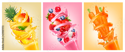 Set of labels of of fruit in juice splashes. Strawberry, blueberry, raspberry, carrot, pineapple, mango, lice, peach. Vector.