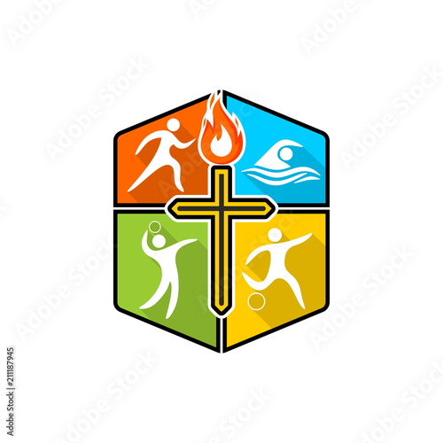 Athletic Christian logo. Various kinds of sports on a multi-colored shield. The cross of Jesus Christ, the flame of the Holy Spirit.