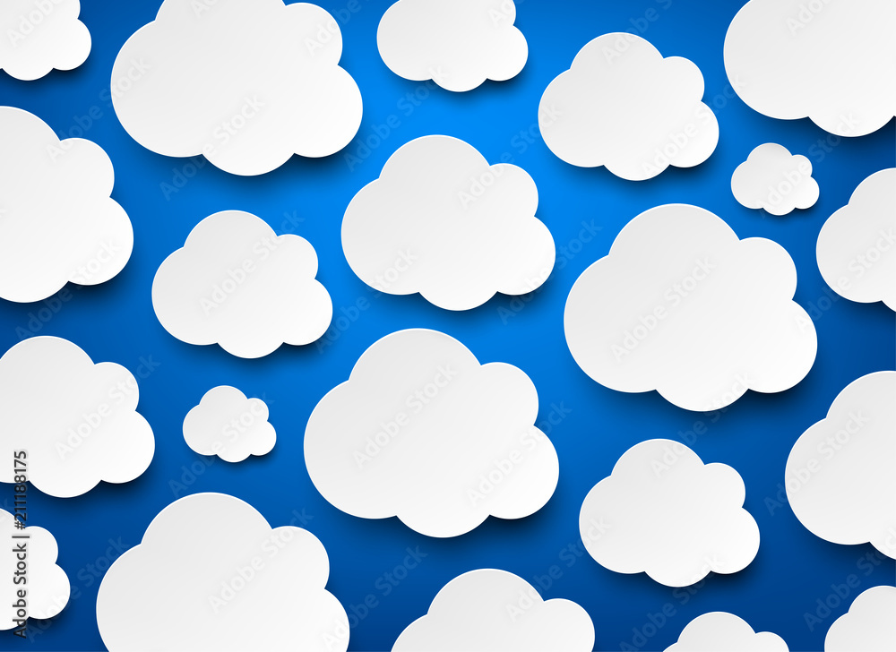 Blue background with white clouds pattern.