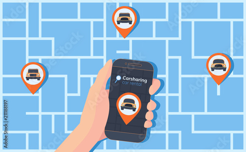 Carsharing service illustration. Urban map with geolocation mark, cars and smartphone in hand. Online rental car.