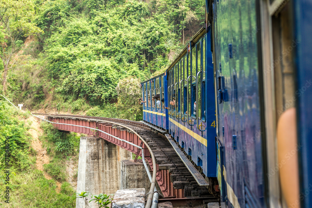 Fototapeta premium Przejazd pociągiem parowym po moście, widok z okna, Nilgiri Mountain Railway, Ooty, Tamil Nadu, Indie