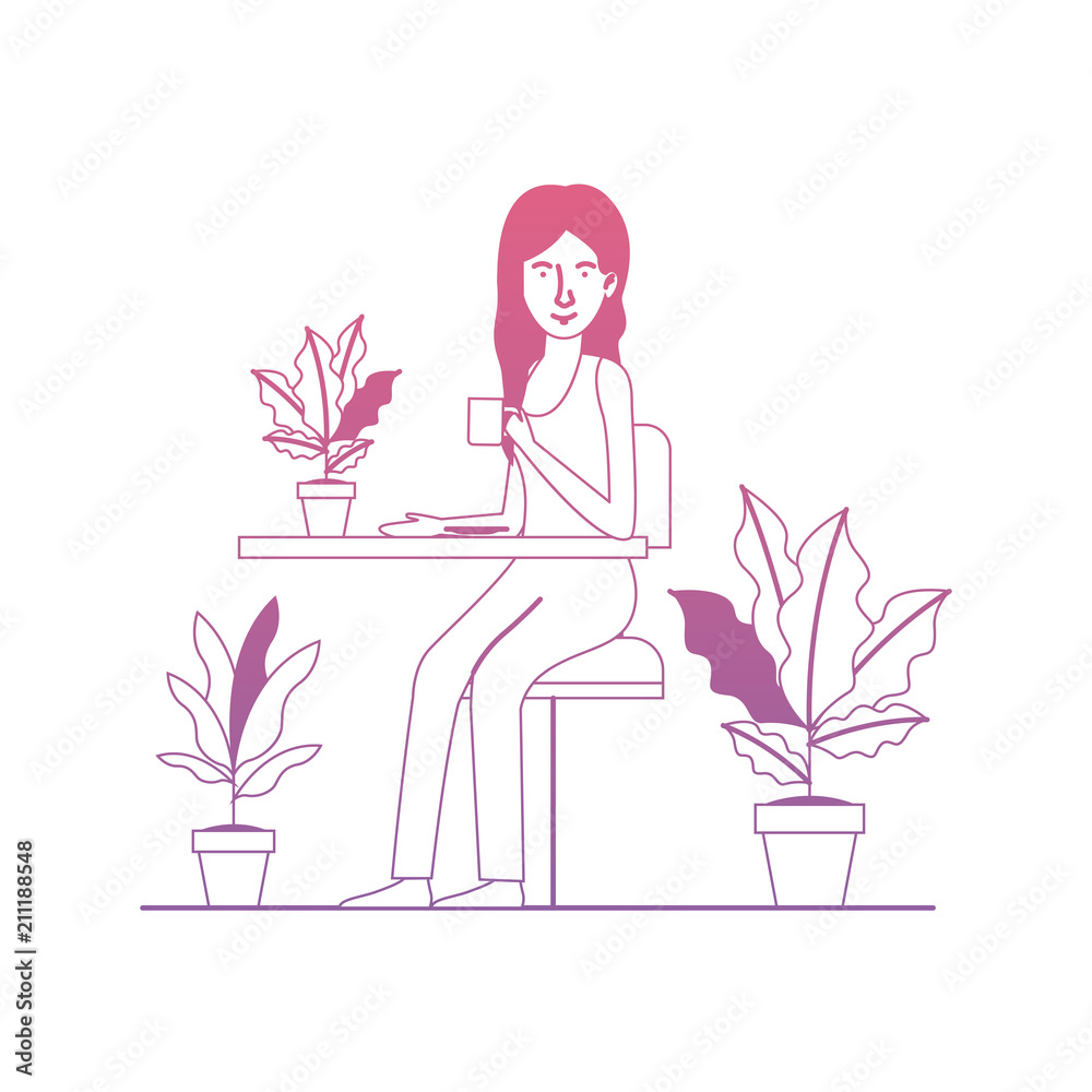 woman in the table drinking coffee with house plants vector illustration design woman in the table drinking coffee with house plants vector illustration design