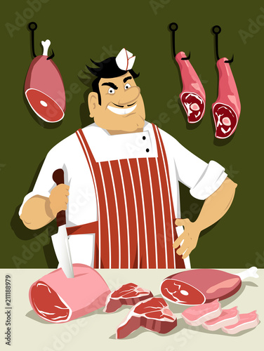 Butcher with a knife in front of a counter with meat on it, EPS 8 vector illustration