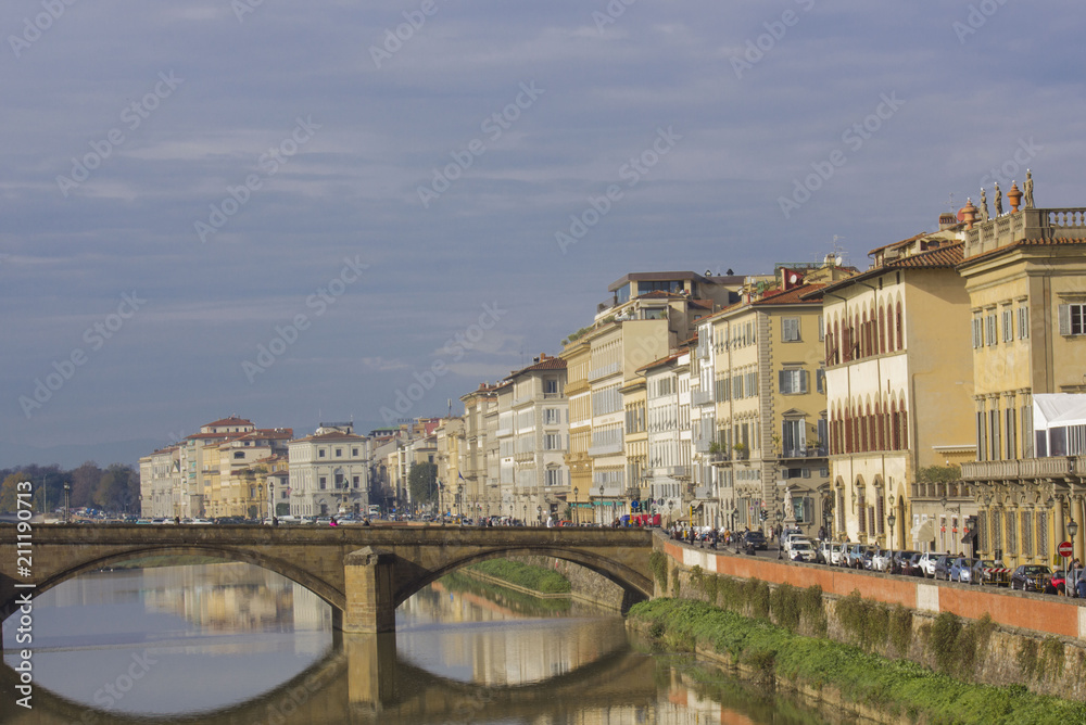 Day view of lungarni street in Florence, facing Ponta alla Carraia bridge on Arno river