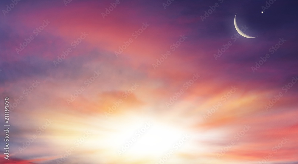 Light from sky . Religion background . The sky at night with stars. New moon . Ramadan background . Prayer time . Dramatic nature background . Arab night . eclipse of the moon