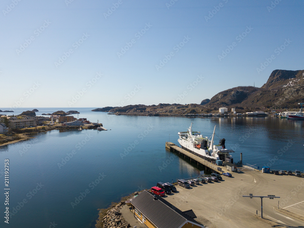 The ferry port of Svolvaer at Lofoten Islands / Norway from above