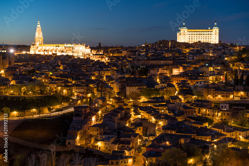 View of the medieval center of the city of Toledo, Spain. It features the Tejo river, the Cathedral and Alczar of Toledo,  Spain. photo
