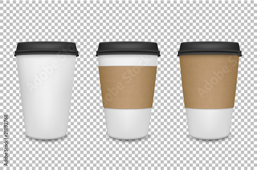 Vector realistic 3d paper coffee cup icon set closeup on transparency grid background. Design template for graphics, mockup. Front view