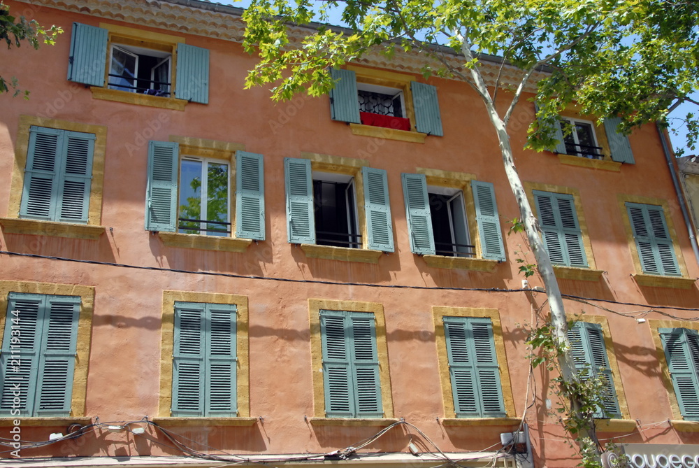 Naklejka premium Façade colorée à volets verts et mur rose, ville de Salon de Provence, département des Bouches-du-Rhône, France