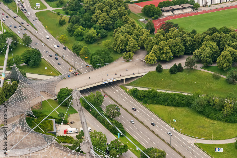 Munich, Germany - June 09, 2018: Aerial view of German highway road with bridge, Munich, Germany 