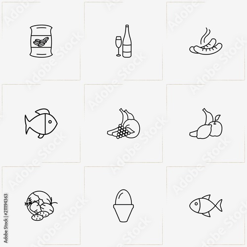 Product Categories line icon set with egg , sausages and cereals