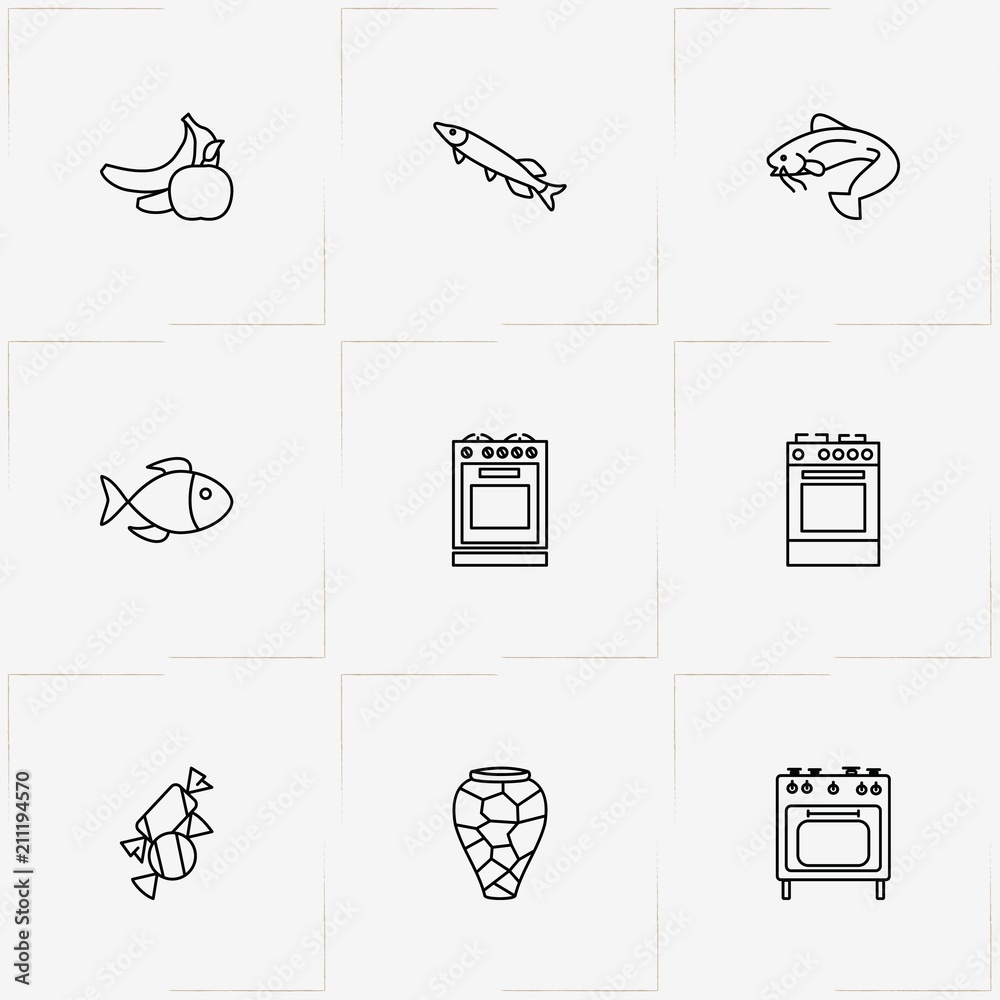 Product Categories Line Icon Set With Vase Fruits And Fish Stock Vector Adobe Stock