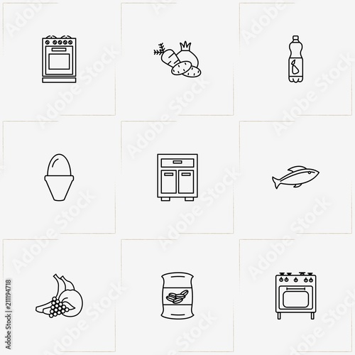 Product Categories line icon set with furniture, vegetables and cereals