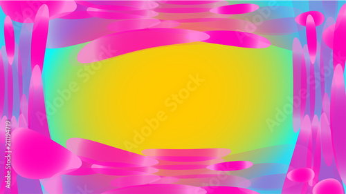 Frame of transparent purple abstract volumetric fashionable magic of various shapes of light air cosmic bubbles, drops on a yellow background and copy space. Vector illustration.