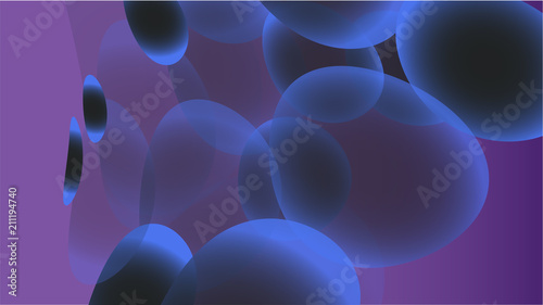 Texture of transparent blue abstract volumetric fashionable magic of various shapes of light air cosmic bubbles, drops on a blue background and copy space. Vector illustration.