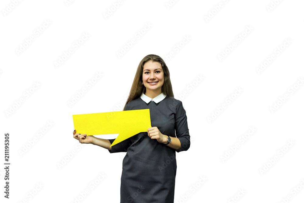 Woman in business dress holding a yellow plate in hand on a white isolated background.Businesswoman showing blank yellow banner for inscriptions.Close-up,clear business concept/Smiling young woman Woman in business dress holding a yellow plate in hand on a white isolated background.Businesswoman showing blank yellow banner for inscriptions.Close-up,clear business concept/Smiling young woman