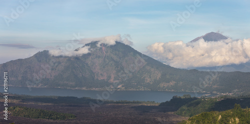 Panoramic view of the mountain kintamani and volcano Agung on a sunny day