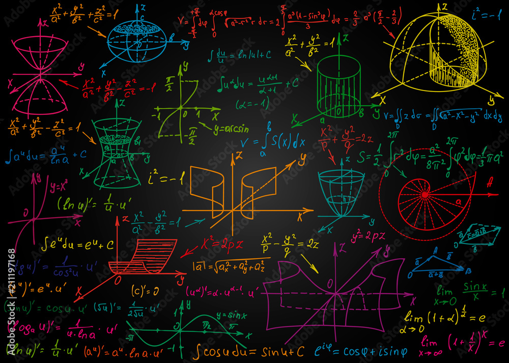 Mathematical colorful formulas drawn by hand on a black chalkboard for ...