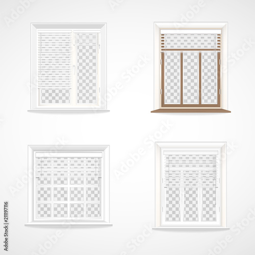 Vector set of wooden and plastic windows in realistic style, jalousie and transparent glass.