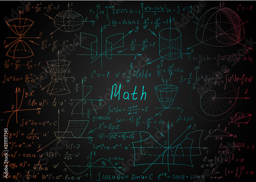 Mathematical colorful formulas drawn by hand on a black chalkboard for the background. Vector illustration.