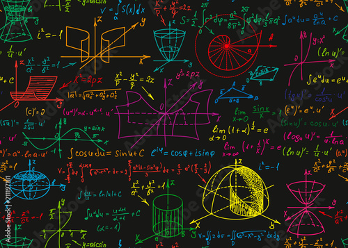Math science vector seamless pattern with handwritten formulas on the black chalkboard for the background.