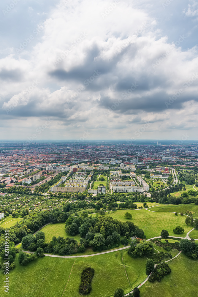 Munich, Germany - June 09, 2018: High angle view over Munich. Panorama of Munich, Germany.