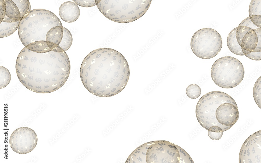 Fototapeta premium Bitcoin economic financial bubble. Cryptocurrency 3D illustration. Business concept. Golden bubbles on a white background