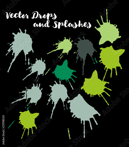 Green Vector Splashes  Hand Painted Watercolor Bang. Indian Holi Color Festival  Paint Burst  Water Splash. Green Vector Craft Logo Element  Holi Paint Burst. Uneven Texture Graffiti Shapes  Buttons.
