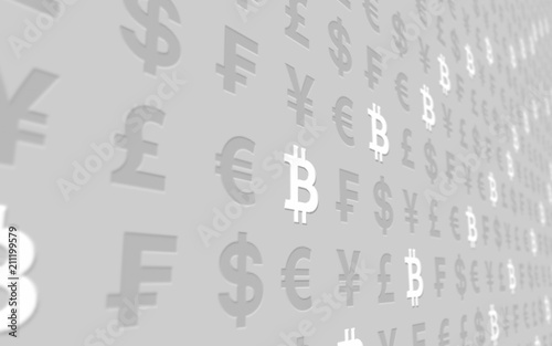 Bitcoin and currency on a gray background. Digital Cryptocurrency symbol. Business concept. Market Display. 3D illustration