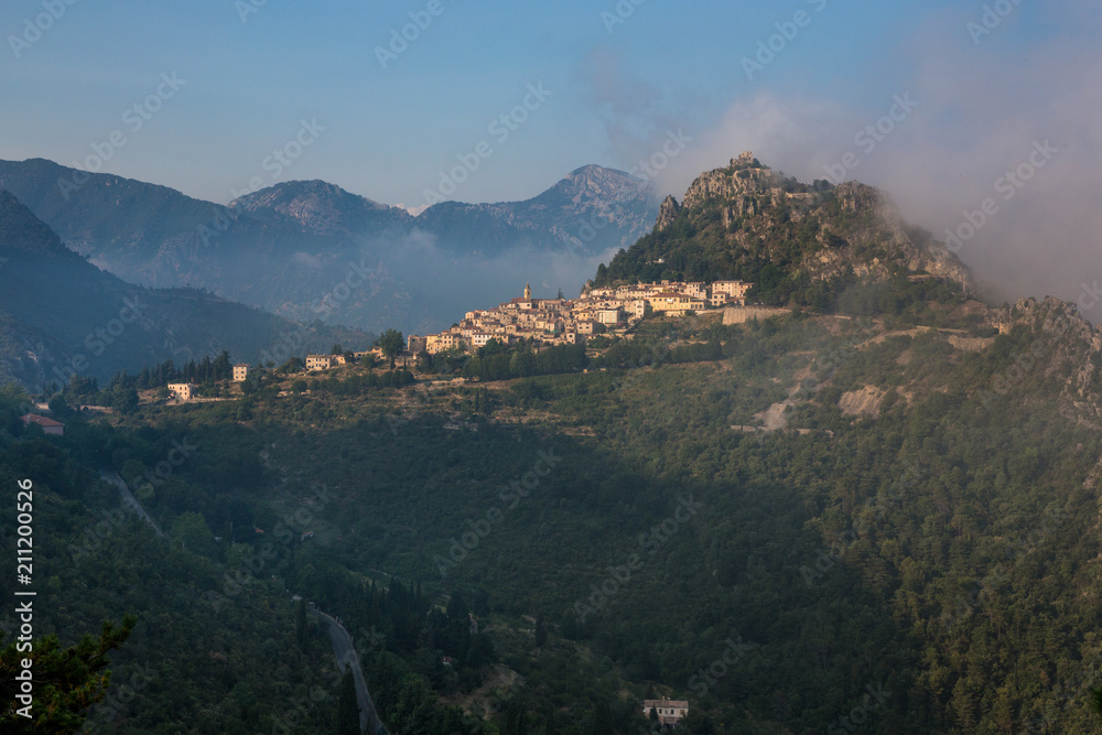Evening mist about to enshroud Sainte Agnes, a commune in the Alpes-Maritimes department in southeastern France
