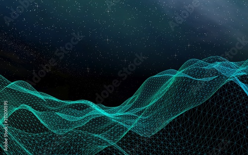 Abstract landscape on a dark background. Star horizon. Cyberspace grid. Hi-tech network. Outer space. Starry outer space texture. 3D illustration