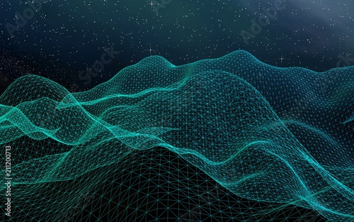 Star horizon. Abstract landscape on a dark background. Cyberspace grid. Hi-tech network. Outer space. Starry outer space texture. 3D illustration