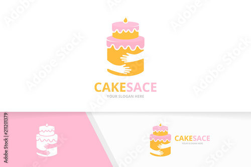 Vector cake and hands logo combination. Pie and hug symbol or icon. Unique cupcake and embrace logotype design template.