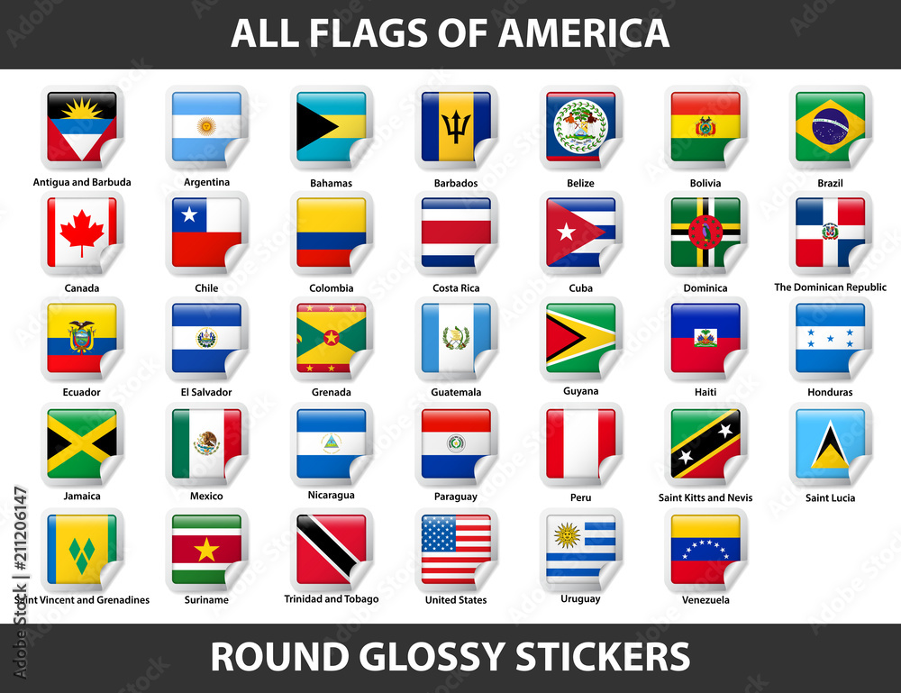 Flags of all countries of American continents. Round Glossy Stickers