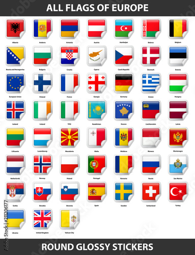 Flags of all countries of Europe. Round Glossy Stickers