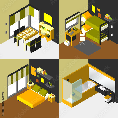 vector isometric home rooms set with dining room, kids room, bathroom and bedroom
