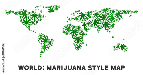 Cannabis world map composition of marijuana leaves. Narcotic addiction template. Vector world map is designed of green grass leaves. Abstract geographic plan in green color shades.