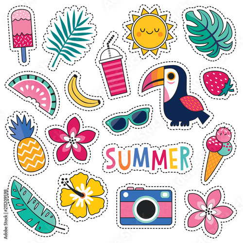 Cartoon style vector summer patches with cute toucan, tropical leaves and flowers, summer fruits and ice creams. Isolated on white, for stickers, pins, badges, fashion embroidery, temporary tattoos.