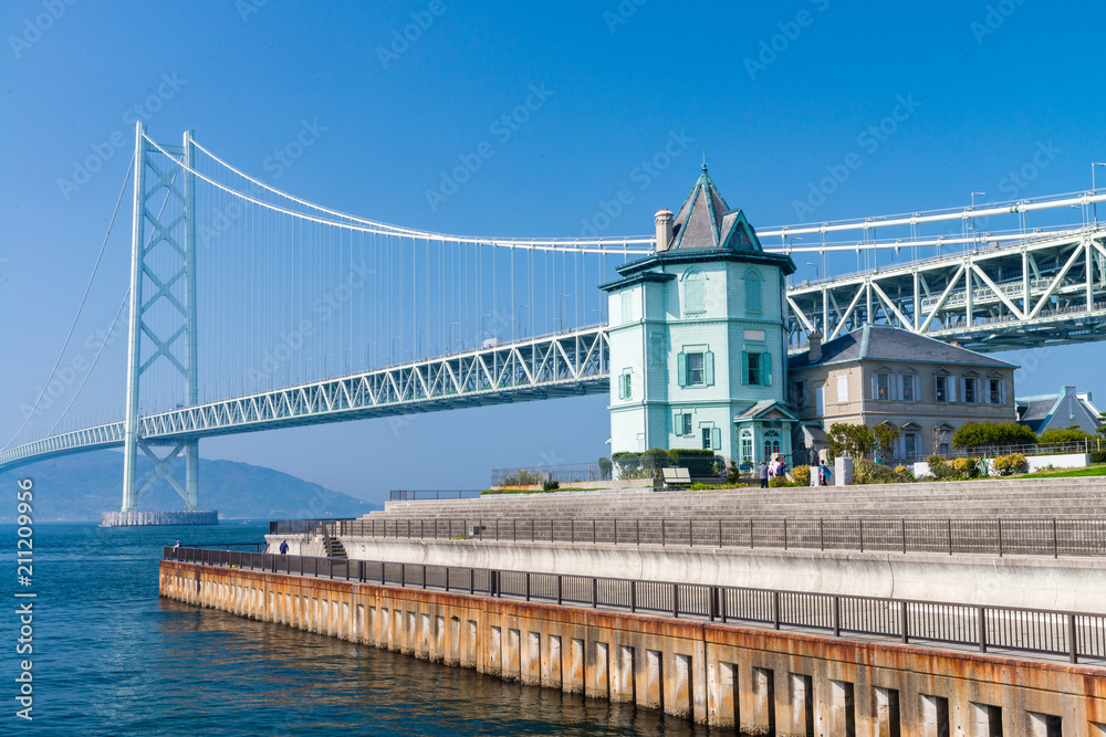 Fototapeta premium Akashi Kaikyo bridge, world longest suspension metal bridge in Kobe, Japan