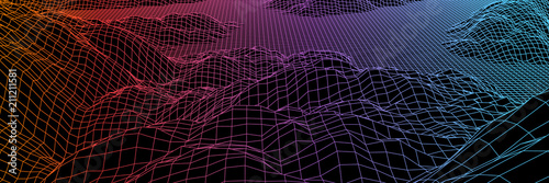 Digital landscape with mountains or hills made of line grid