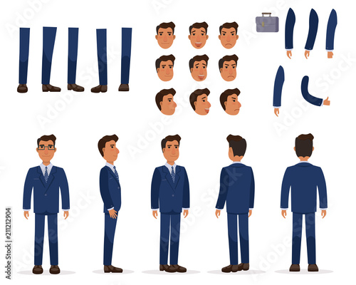 Flat icons set of business man views, poses and emotions