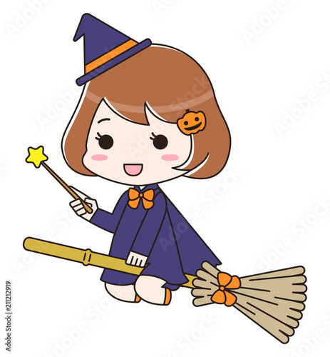 ハロウィン　箒に乗った魔女　白背景