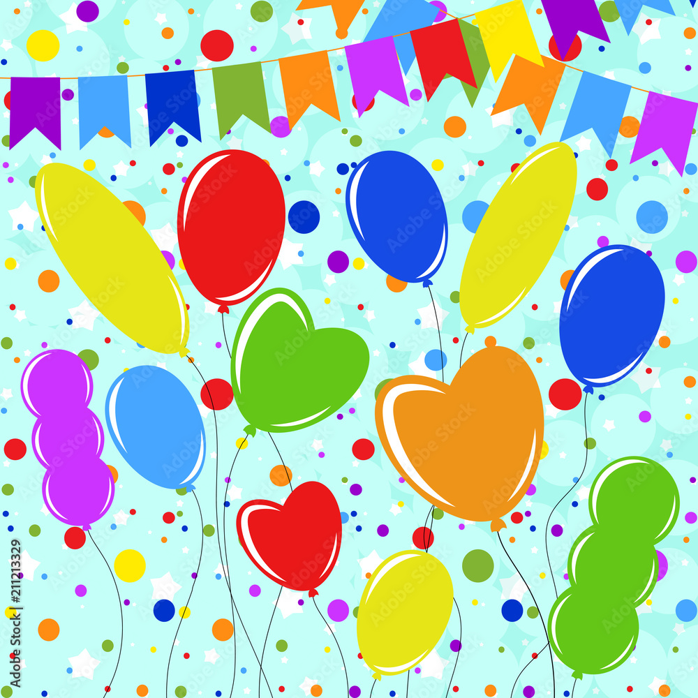 Set of flat colored balloons isolated on the ropes. Simple design on a blue background with garlands and confetti Set of flat colored balloons isolated on the ropes. Simple design on a blue background with garlands and confetti