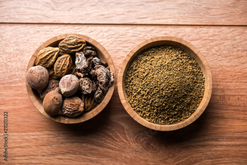 Indian ayurvedic Triphala churan or trifala powder is an ancient medicine for bowel movement or indigestion problems. Selective focus photo