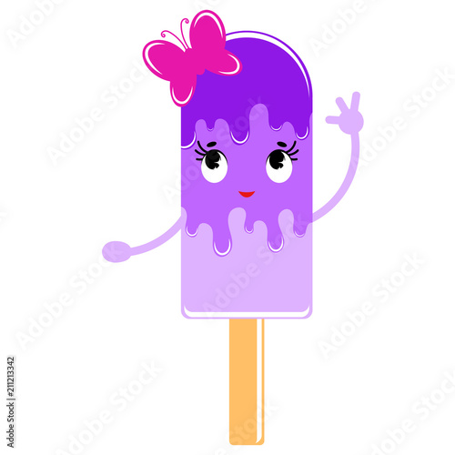 Flat colored isolated striped ice cream glazed with violet. On a wooden stick. With a little pink butterfly. Simple drawing on a white background.