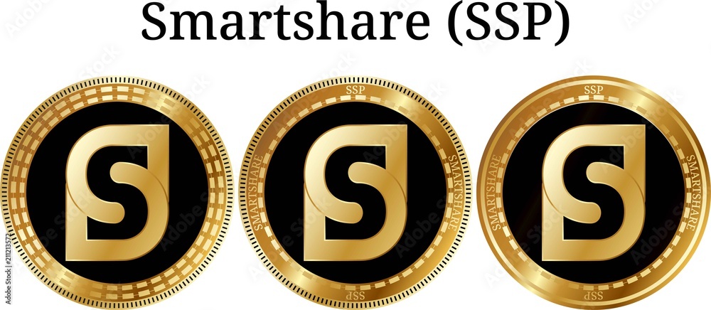 Set of physical golden coin Smartshare (SSP), digital cryptocurrency. Smartshare (SSP) icon set. Vector illustration isolated on white background.
